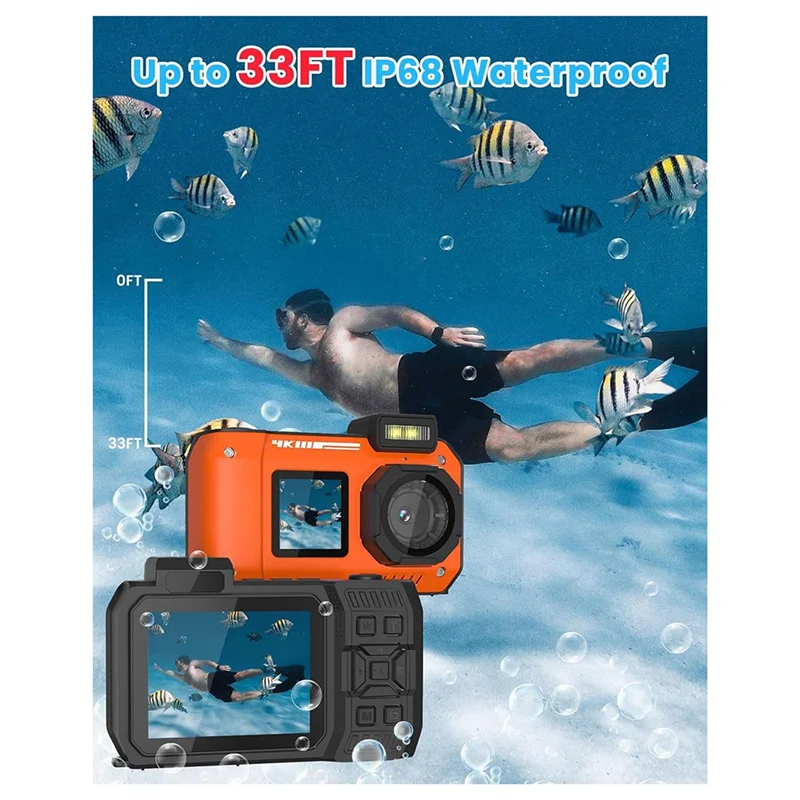 

A97I-Waterproof Camera 4K 65MP Underwater Camera With 64G Card, For Snorkeling Autofocus Selfie Dual-Screen