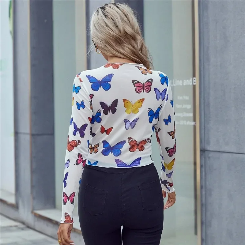 Fashion Butterfly Printing See-Through Mesh Long Sleeve Spring T-Shirt For Women O Neck Casual Basic Bodycon Sexy Tee Tops YSQ36
