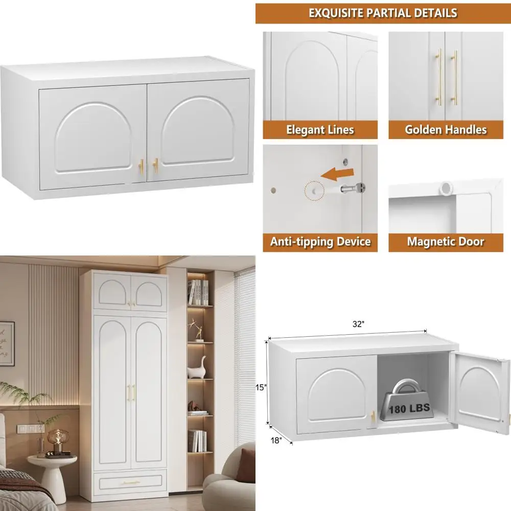 

White Bedroom Living Room Storage Cabinet, Metal Wall-Mounted Upper Wardrobe Cabinet, Small Overhead 18 Deep x 32 Wide x 15 Tall