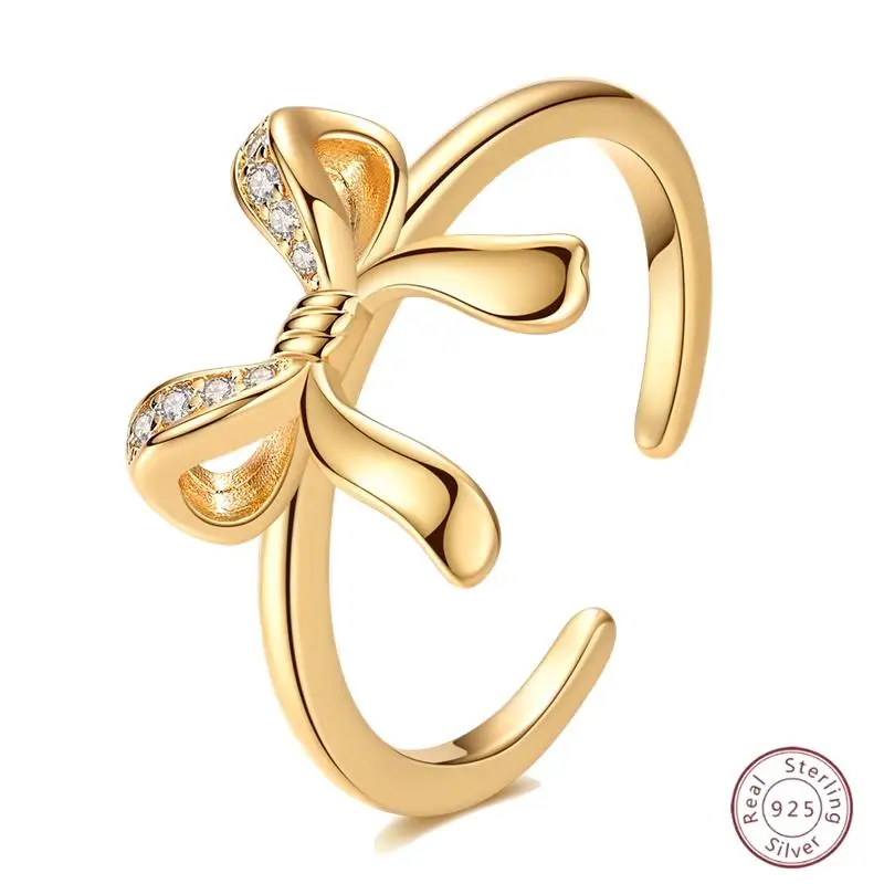 

Original 925 Sterling Silver Ring Bowknot Open Shiny Gold Women Valentine's Day Birthday Gift DIY Jewelry