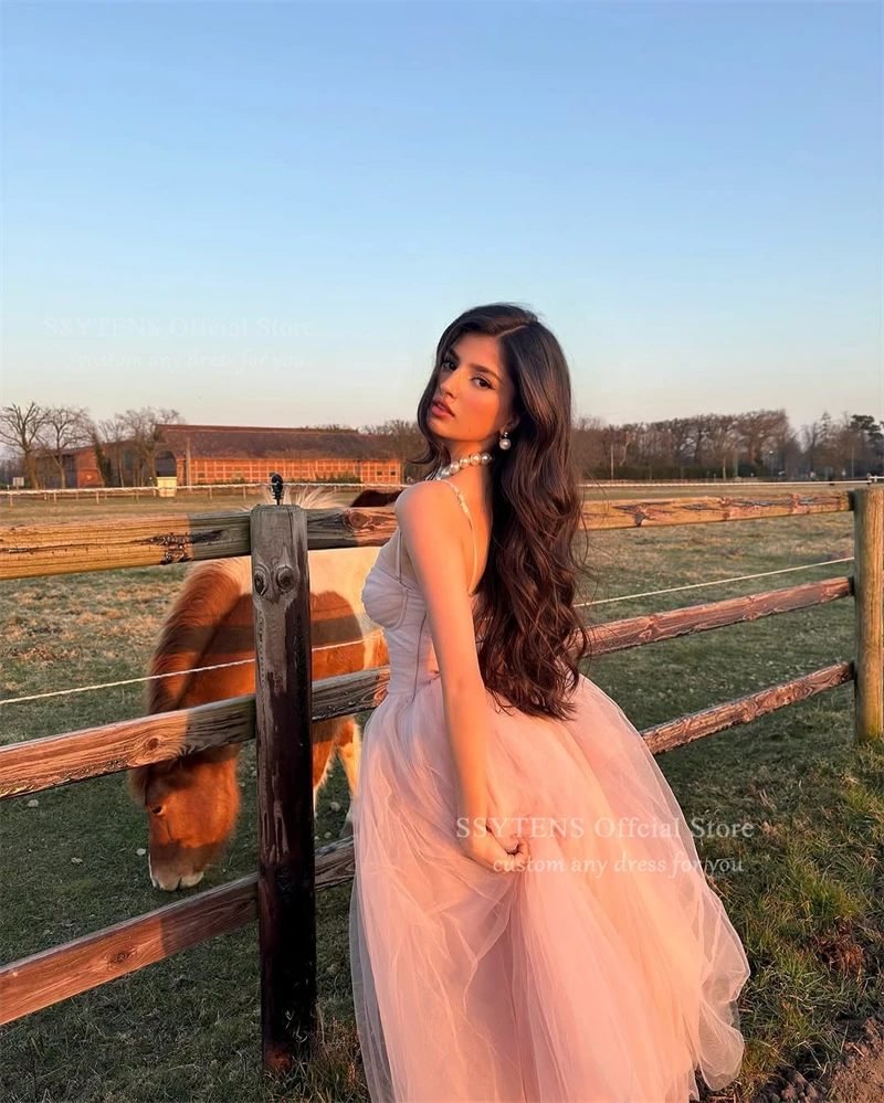 Ssytens blush rosa tule vestidos de baile alças espaguete quinceanera vestidos de baile comprimento chá sem mangas vestidos de festa personalizados