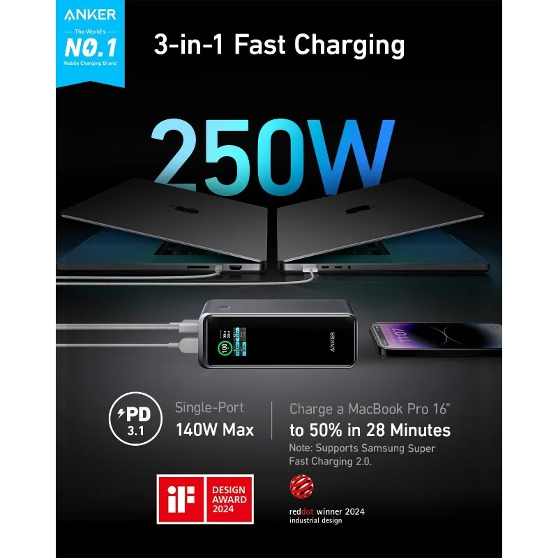 Prime 27,650mAh Power Bank (250W) with 100W Charging Base, 3-Port Portable Charger, Smart App, Compatible with iPhone