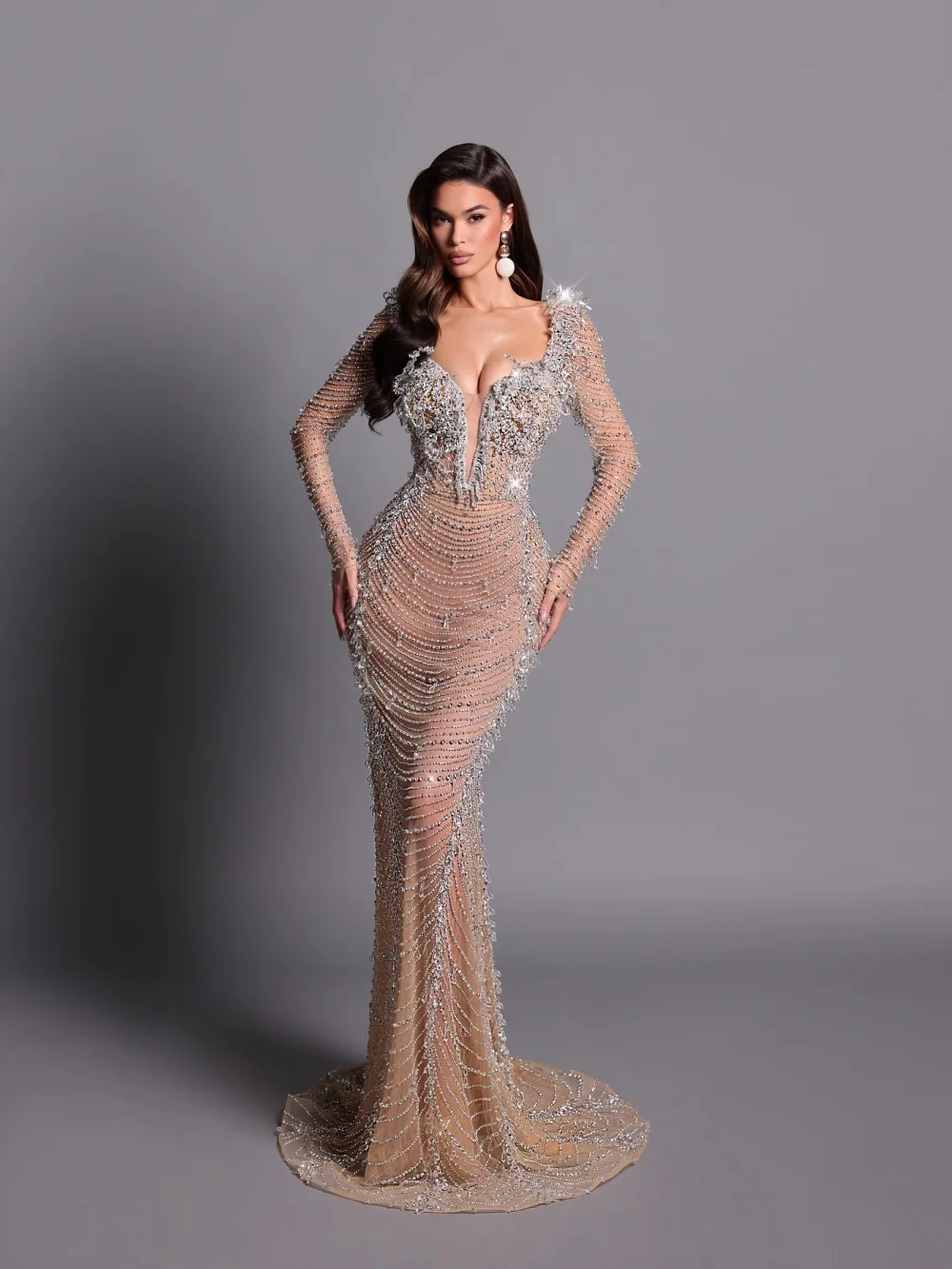 

DMDRS Deep V-neck Evening Dress 2025 Elegant Long-sleeved Party Gown Formal Crystal Floor-Length Party Dress فساتين سهرة