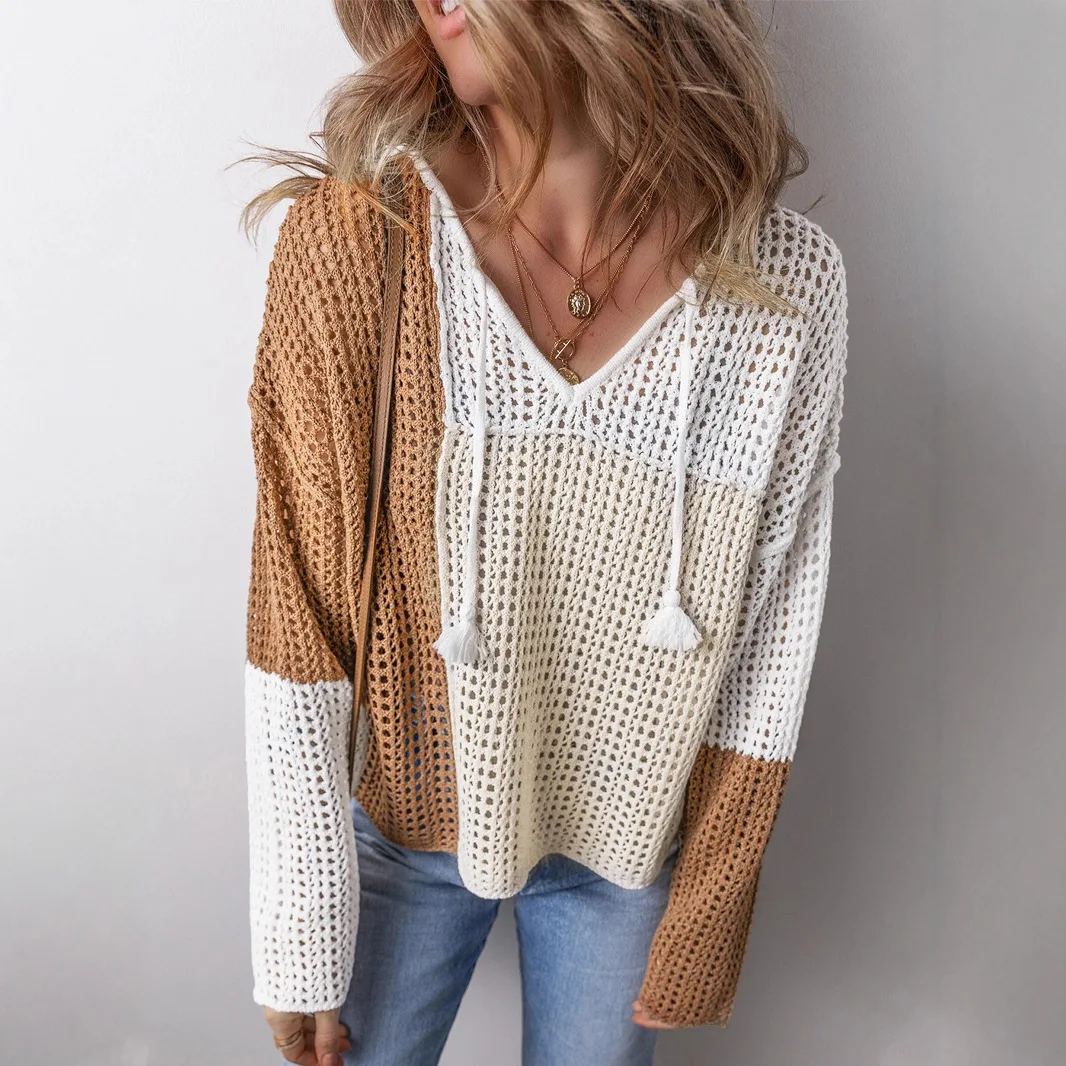 

Hollow Out Autumn Women's Knitwear Color Blocked Drawstring V-Neck Sweater For Female Casual Spliced Pullover Lady Knit Sweater