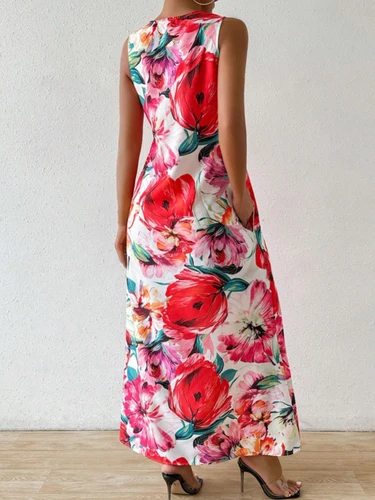 Imagen 2 del producto Vestido sin mangas con cuello en V a la moda para mujer, vestido largo ligero y transpirable con estampado Floral, diseño con abertura y personalidad, comodidad