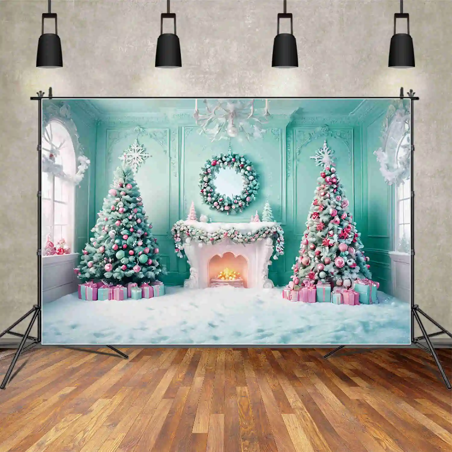 

MOON.QG Christmas Tree Christmas Trees Backdrop Purple Snow Ornamented Western Background Party Decoration Photozone Accessories