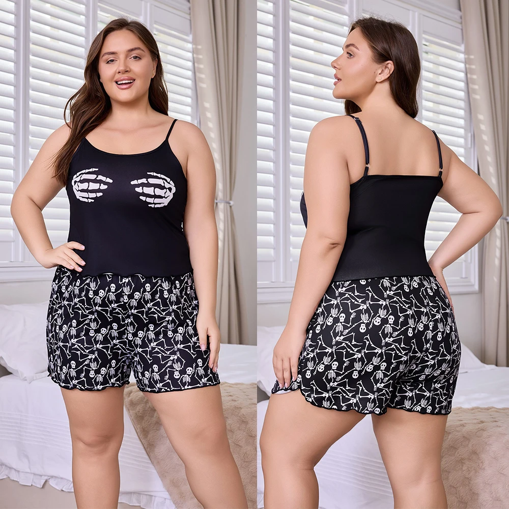 

New Summer European and American Halloween Plus Size Camisole Pajamas Women's Shorts Chest Handprint Sexy Loungewear Set Women