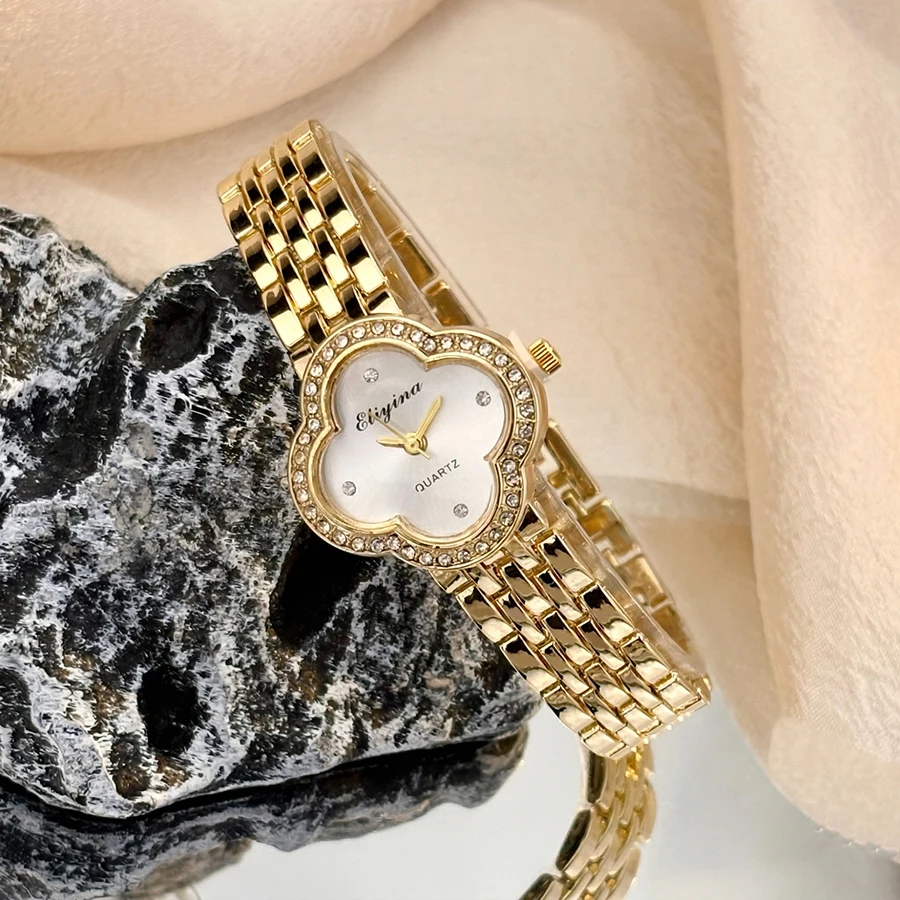 

Винтажные золотые часы с изящным дизайном в виде клевера для женщин с выпуклым стеклом