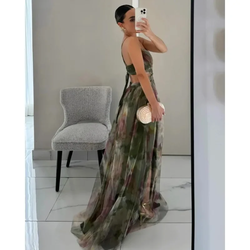 Sexy Hollow Out Party Dress, Women Summer Loungewear Fashion Printing Maxi Dress, Sleeveless Lace-Up Ladies Dress Vestido