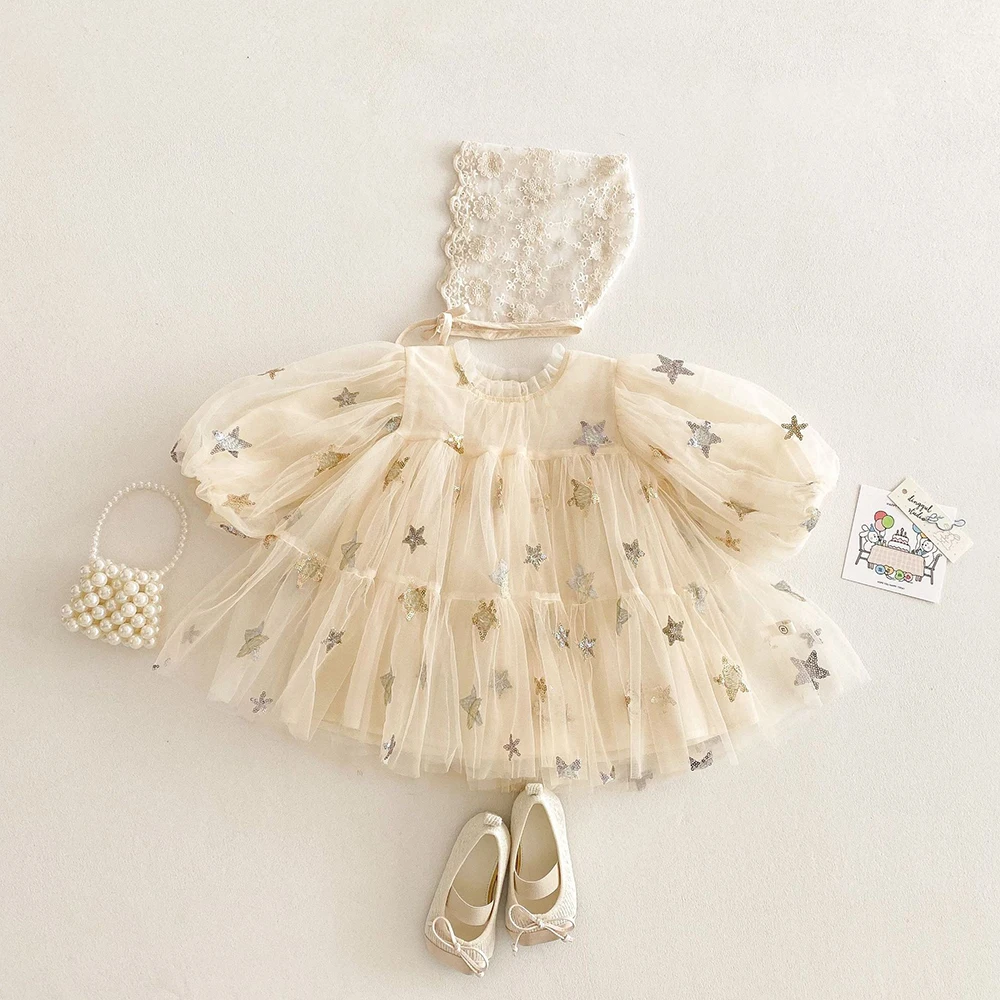 0-5 Jahre Koreanisches Mädchenkleid, Modisches Pailletten-Sternen-Mesh-Kleid mit Laternenärmeln für Kinder, Prinzessinnenkleid 2026, Herbst-Kinderkleidung – Detail 6