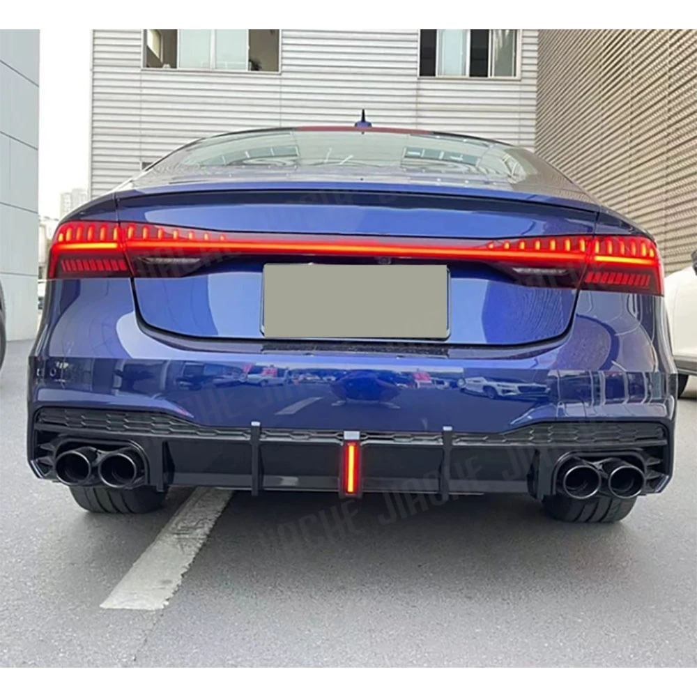 For Audi A7 Sline S7 C8 2019-2023 ABS Rear Bumper Diffuser Lip LED Light Spoiler With Exhaust Tips Gloss Black