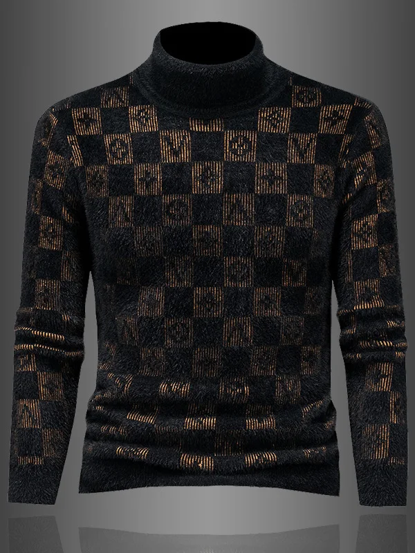 

High-End Men's Thiened High Collar Knitted Sweater Winter Faion Ci Sle Soft Rabbit Fur Blend Warm Plaid Base Layer Top