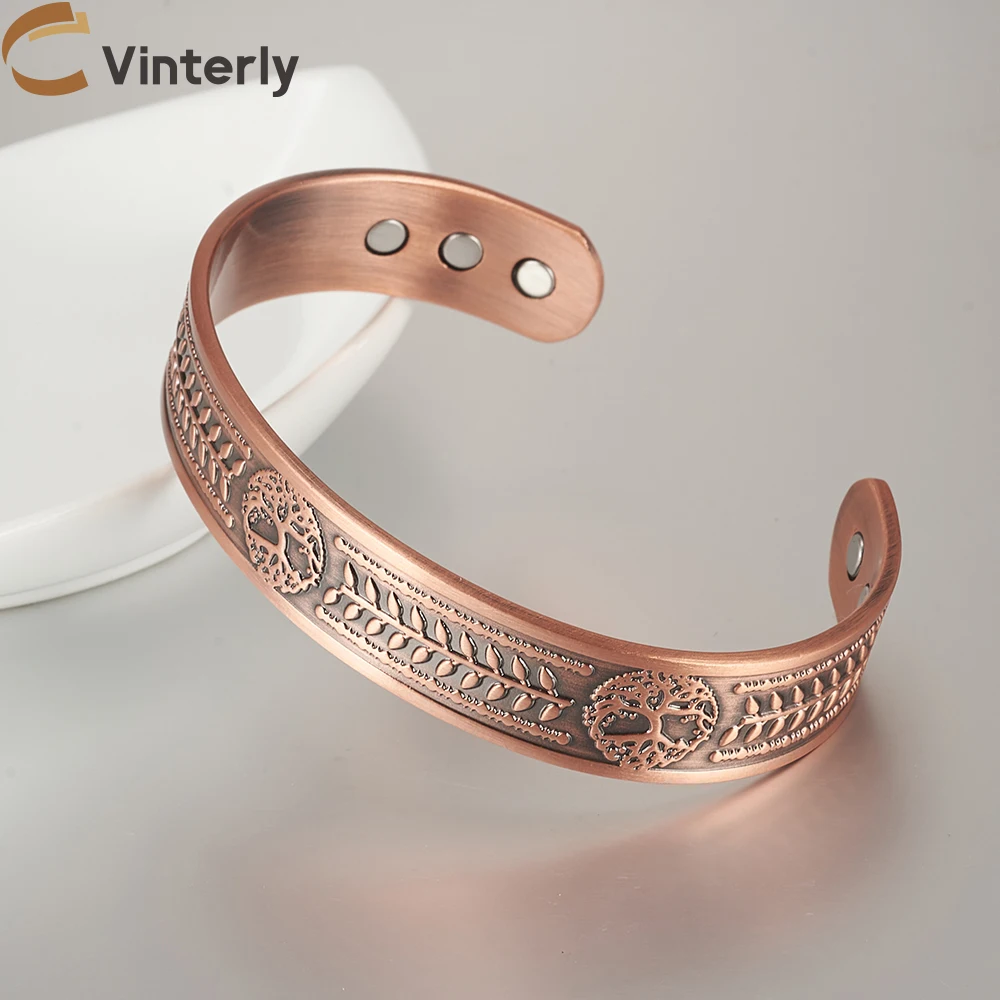 Yggdrasil Viking Pure Copper Bracelets Magnetic Adjustable Vintage Cuff Bangle 15mm Health Energy High Magnet Jewelry Resizable