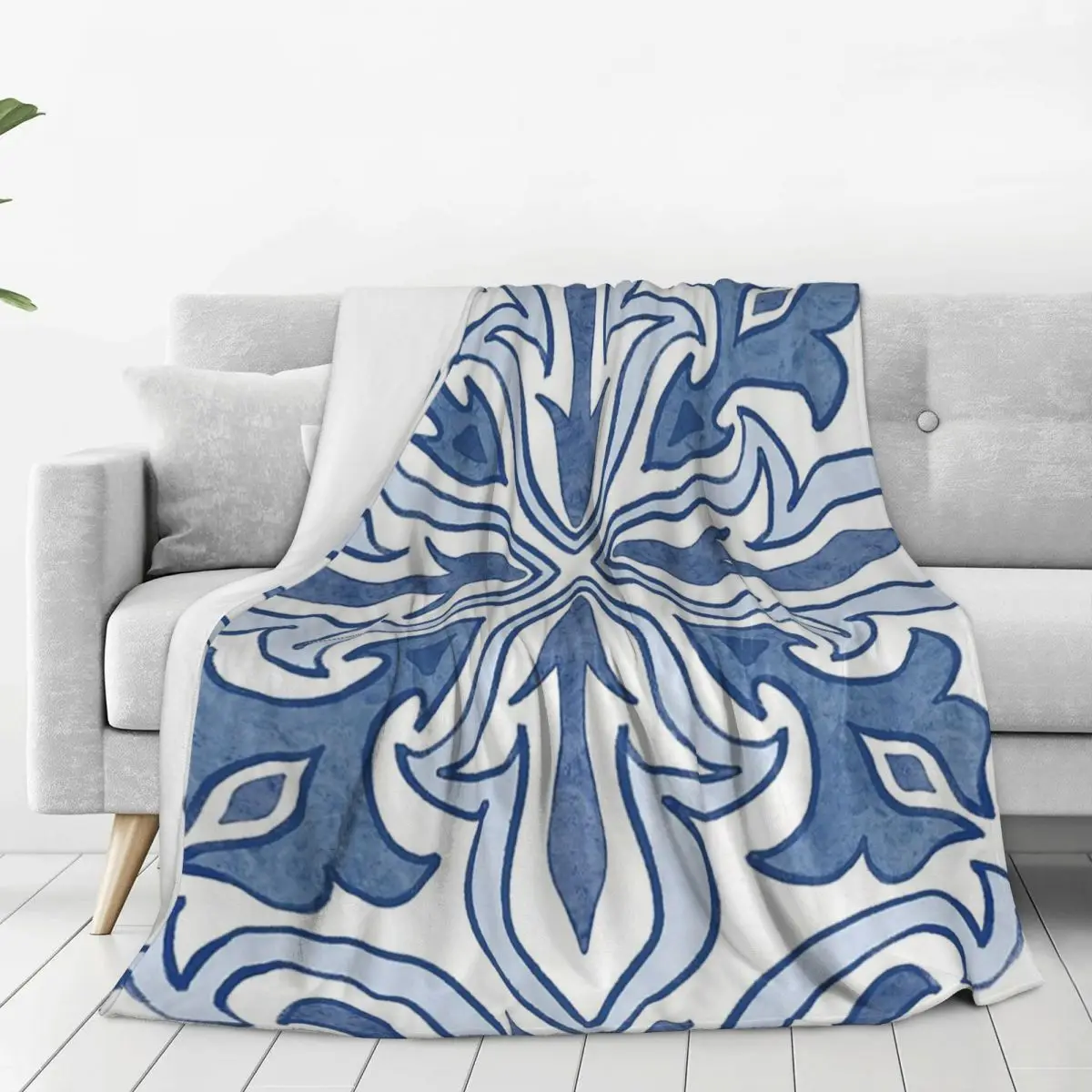 Ornate Portuguese Tile Design Blues Blanket Flannel Lightweight Throw Blankets Sofa Throw Blanket Home Throws Bedspread Quilt