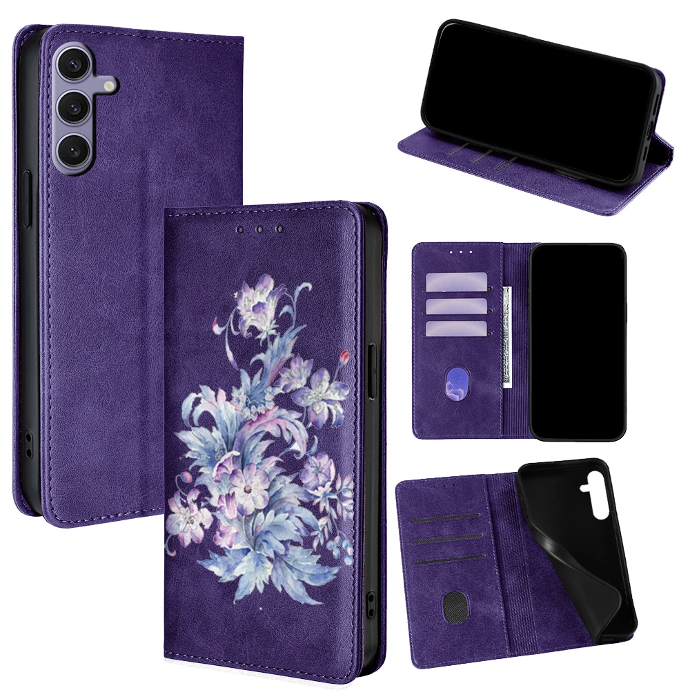 Magnetische Leder Flip Case für Samsung Galaxy S25 Ultra S25 FE S24 S23 S22 Plus A17 A07 A56 A36 A26 Blumenmuster Wallet Cover