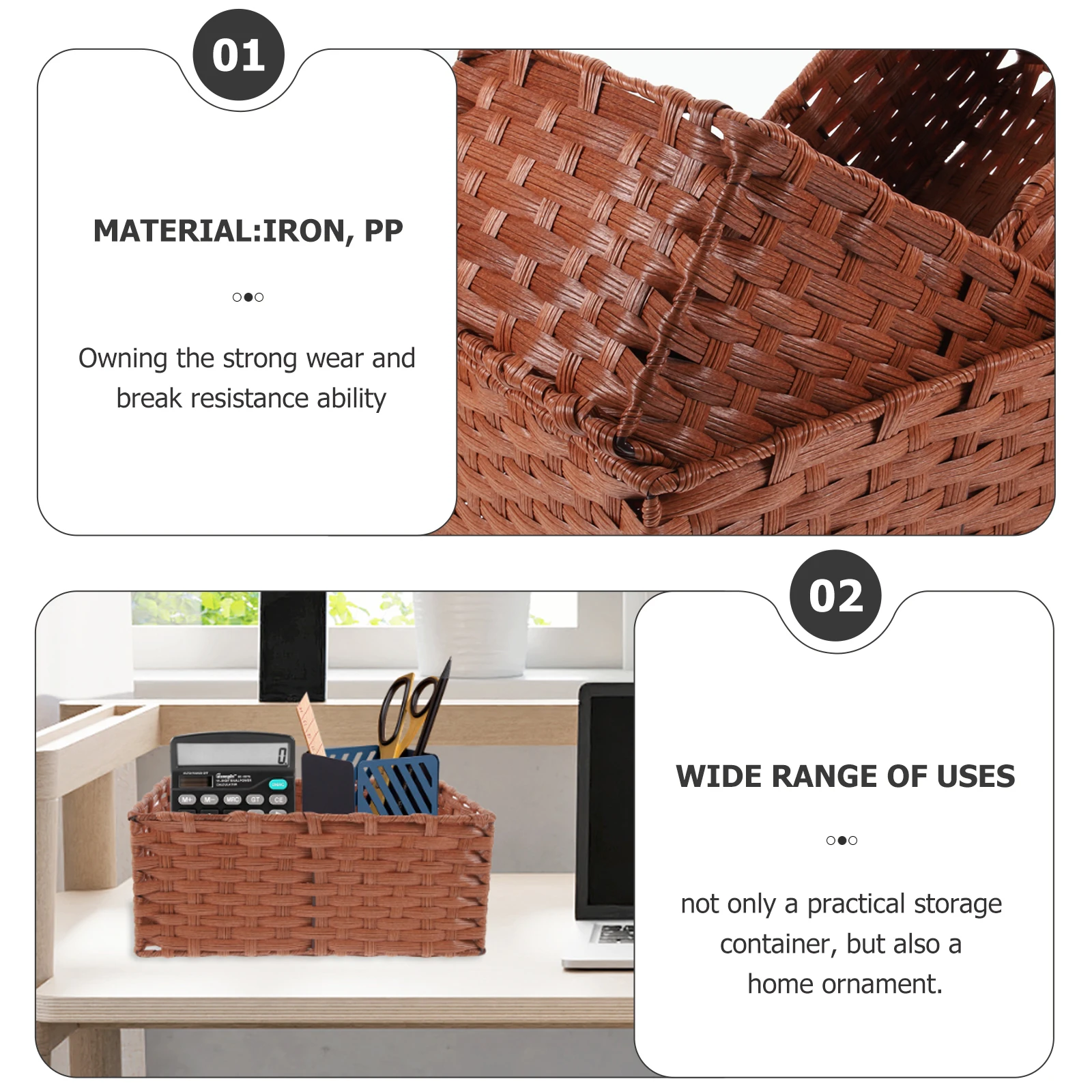 

3Pcs Woven Storage Basket Strong PP Iron Frame Multipurpose Sundries Organizer Desktop Closet Storage Decorative Basket Home