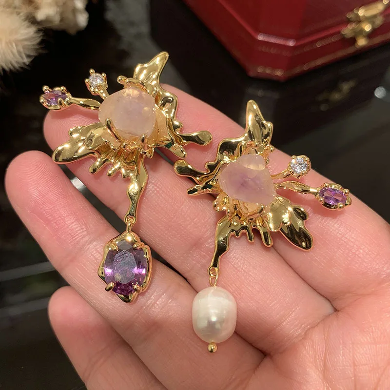 FXLRY Delicate Gold Butterfly Earrings Super Fairy Asymmetric Purple Zircon Freshwater Pearl Crystal Earrings For Women Fashion