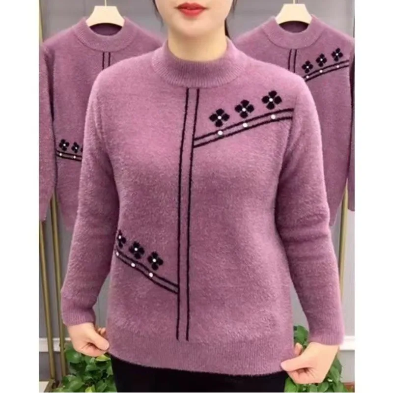 Autumn Winter Women's Solid Round Neck RhinestoneScrew Thread Flower Embroidery Pullover Long Sleeve Sweater Knitted Casual Tops