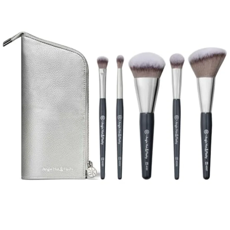 

Travel brush set for liquid or cream foundations, under-eye concealer, bronzer, blush highlighter synthetic fibers, vibrant pin