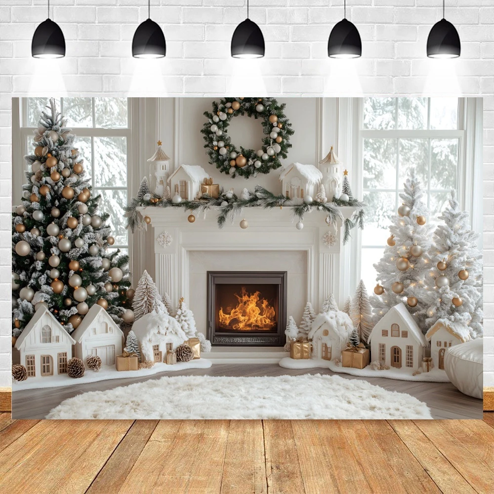 Décors blancs de Noël pour la famille d'enfants, décor de photocall, cheminée, arbre de Noël, couronne, arrière-plan de photographie, studio photo