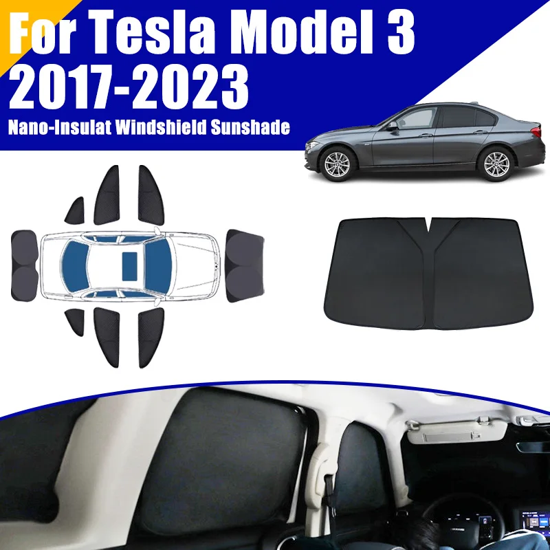 Full Coverage Sunshades For Tesla Model 3 2017-2023 2018 2019 Car Accessories Auto Windows Visor Privacy Cover Black Foldable