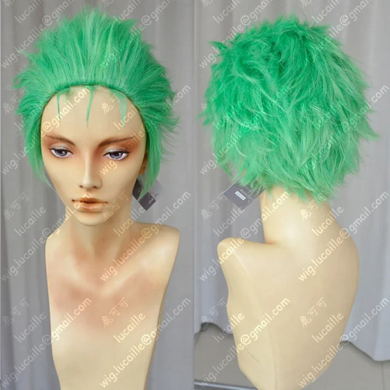 Janpanese Anime Slicked-back green wig Short Layer Roronoa Zoro Comic Cosplay Hair Heat Resistant Synthetic Wigs   Free Wig Cap