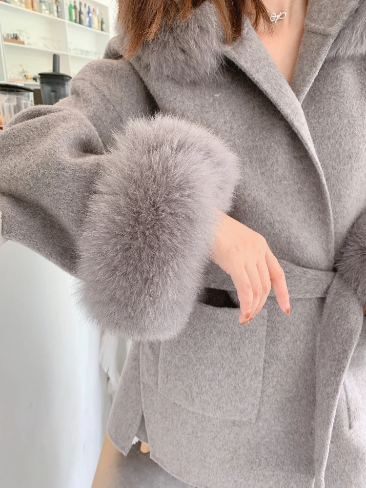 FURYOUME Real Fur Coat for Women Oversize Jacket Loose Cashmere Wool Blends Natural Fox Fur Hood Outerwear with Belt Winter