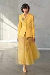 Yellow Women Suit Set 2 Piece Blazer+Tulle Prom Dress Formal Office Lady 3D Flower Customized Cotton Wedding Coat Jacket Outfit