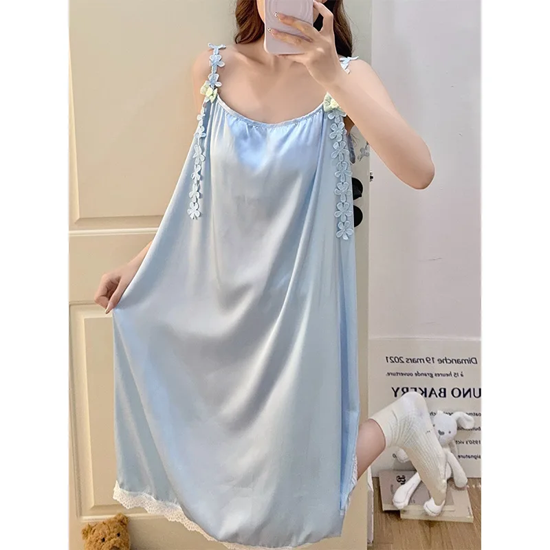 Women Summer Ice Silk Nightgown with Chest Pads Korean Sweet Cool Thin Suspender Pajamas Dress Loose Loungewear Can Wear Outside