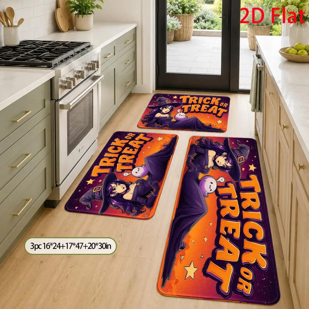 1pc, 2pcs, 3pcs, 2D Flat Kitchen Floor Mat Set, Trick Or Treat Witch Theme Floor Rug, Halloween Pumpkin Floor Mat, Easy-to-Clean Decorative Kitchen Mat, Suitable for Kitchen, Bathroom, Laundry Room, Dining Room, And Living, 2D Flat