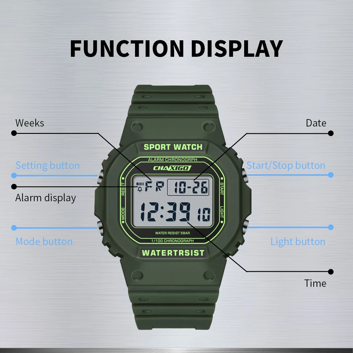 ساعة CHAXIGO الرياضية الرقمية بحزام سيليكون للرجال 43.8 ملم LED مضيئة مقاومة للصدمات 30 متر ساعة رقمية مقاومة للماء