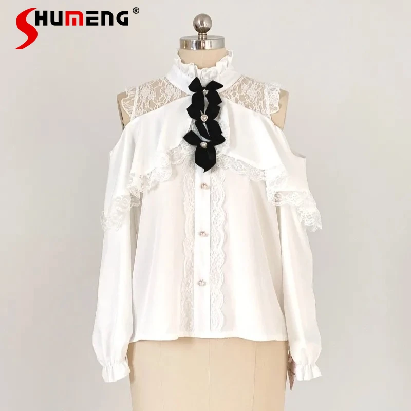 

Japanese Rojita SC Kawaii Cute Sweet Blouse Single-Breasted Long Sleeved Lace Off-Shoulder Single-breasted Shirt Women's Blusas