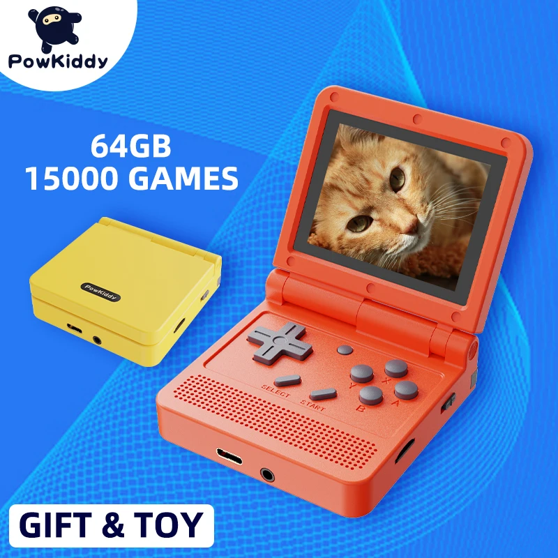 2023 POWKIDDY V90 Original 3-Inch IPS Screen Flip Handheld Console 16 Simulators PS1 Open System Game Console Children's