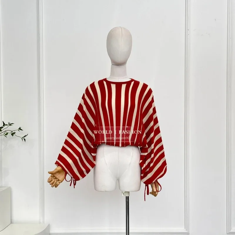 

Women Top 2026 Autumn New High Quality Vintage Black & Red White Striped Print Long Sleeve Loose Blouse Tops