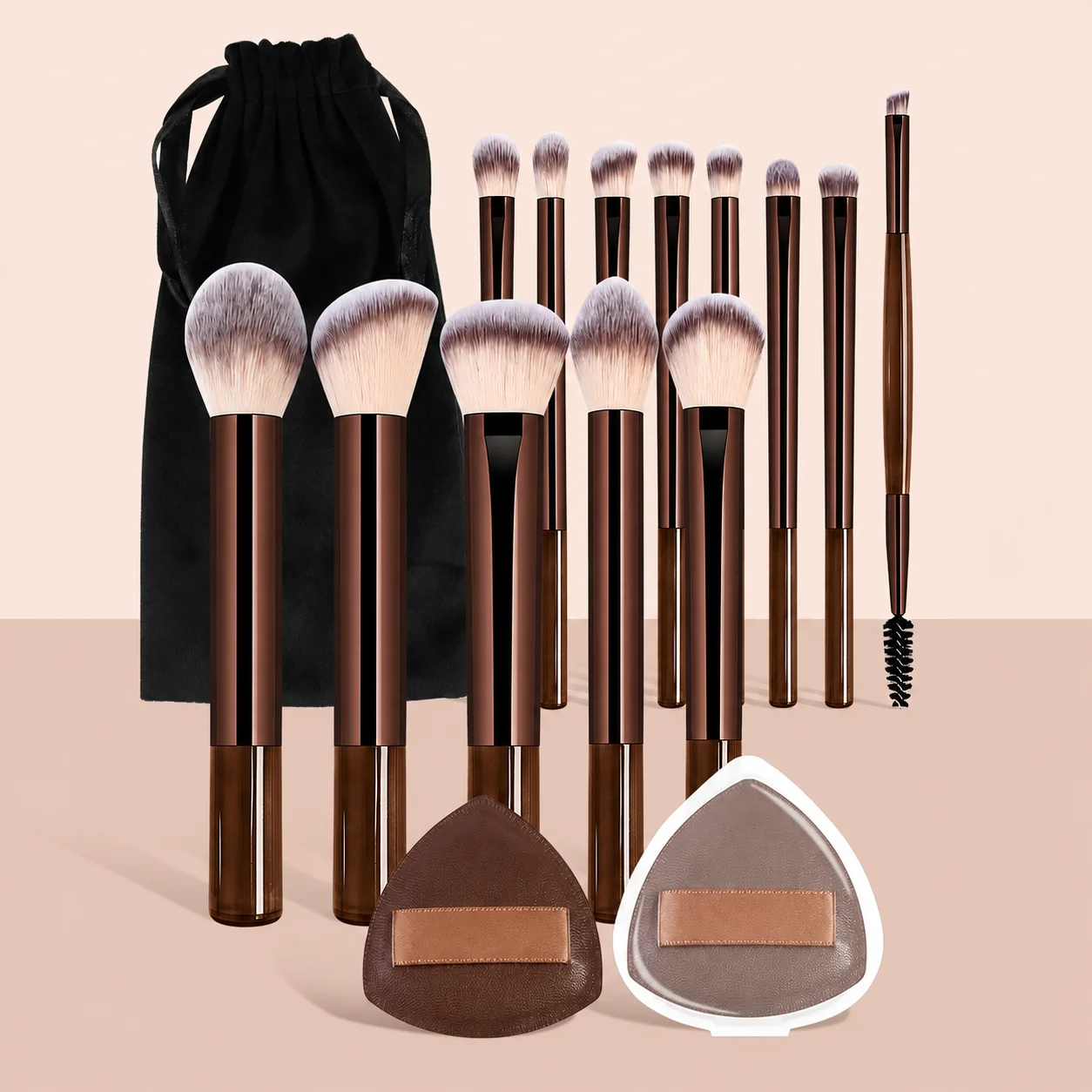 Kits de brochas de maquillaje con bolsa de almacenamiento, 13 brochas de maquillaje, 2 esponjas para polvos y 1 bolsa, herramientas de maquillaje profesionales para