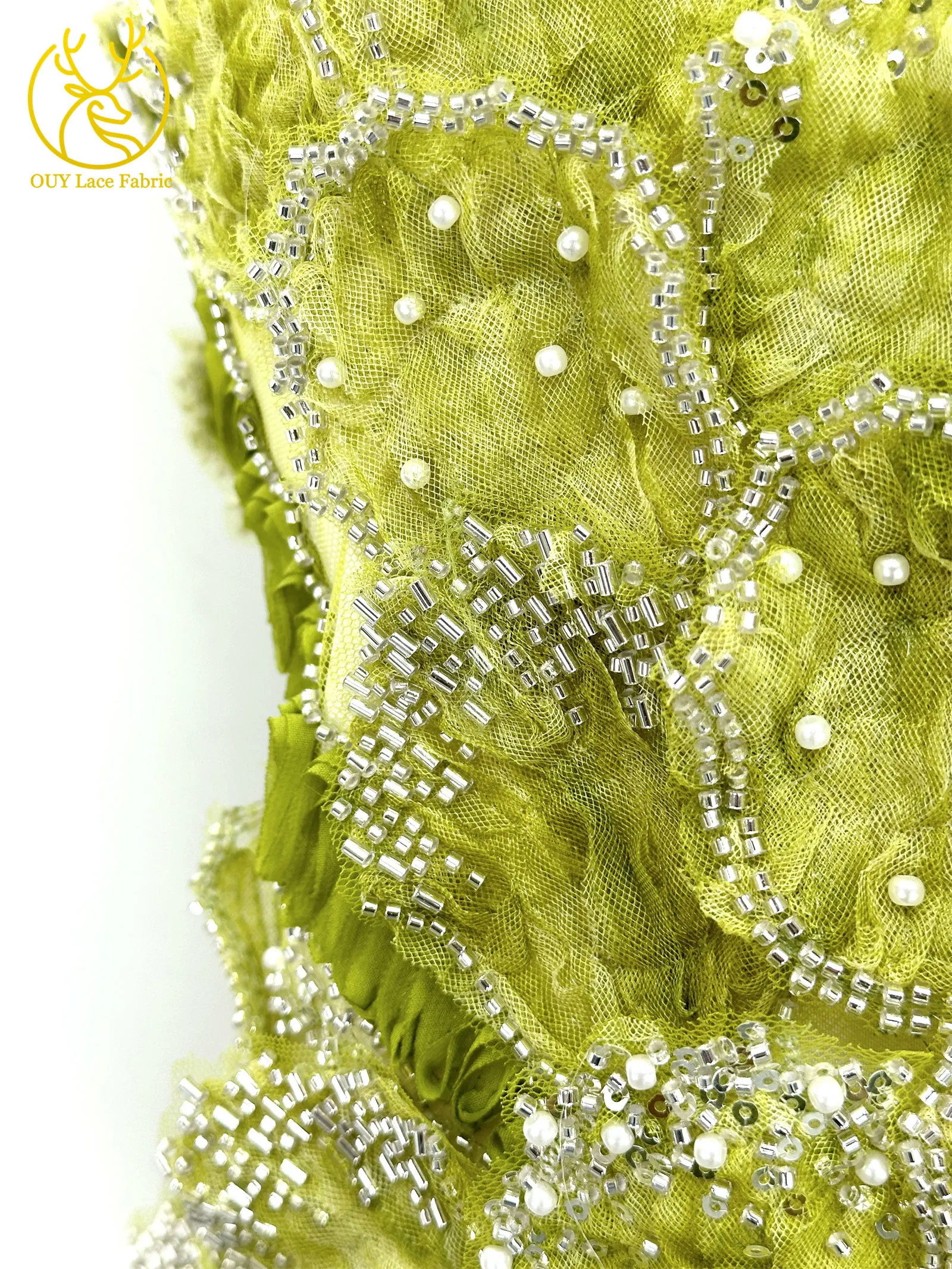 3D Mode Französisches Hochzeitskleid Mesh-Stickerei Pailletten Spitzenstoff Afrikanischer Nigerianischer Perlen-Spitzenstoff Brautkleid Partykleid – Detail 7