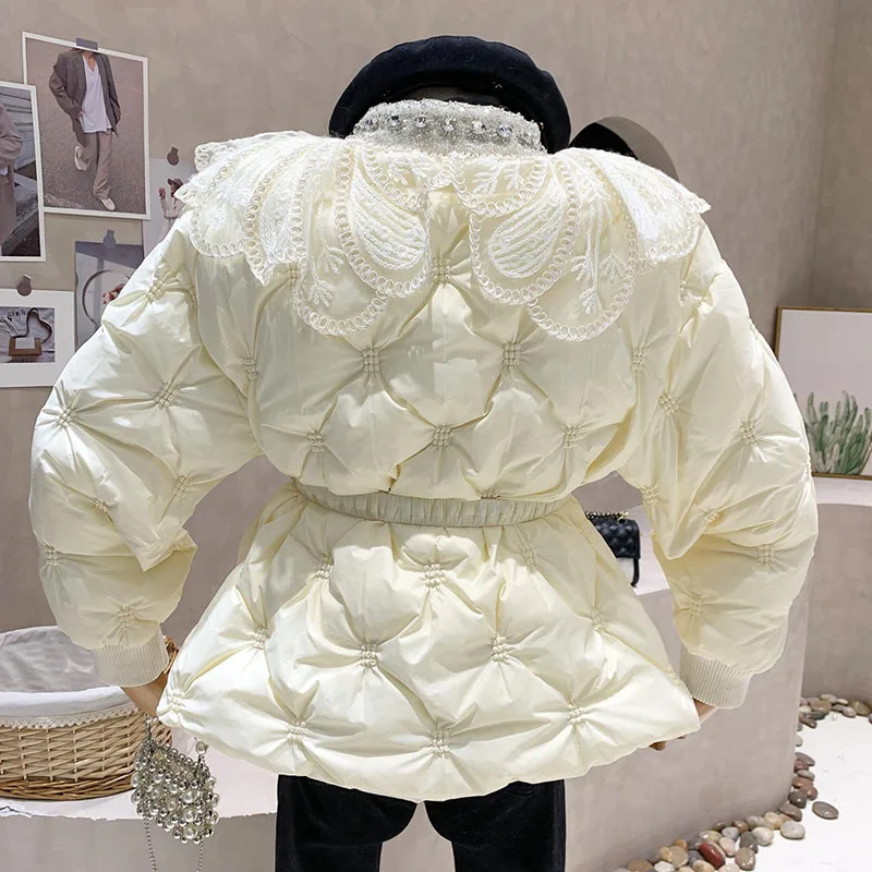 2022 Winter Jacket Women New Heavy Industry Luxury Diamond Embroidery Lace Splice Design Loose Down Cotton Jacket Women