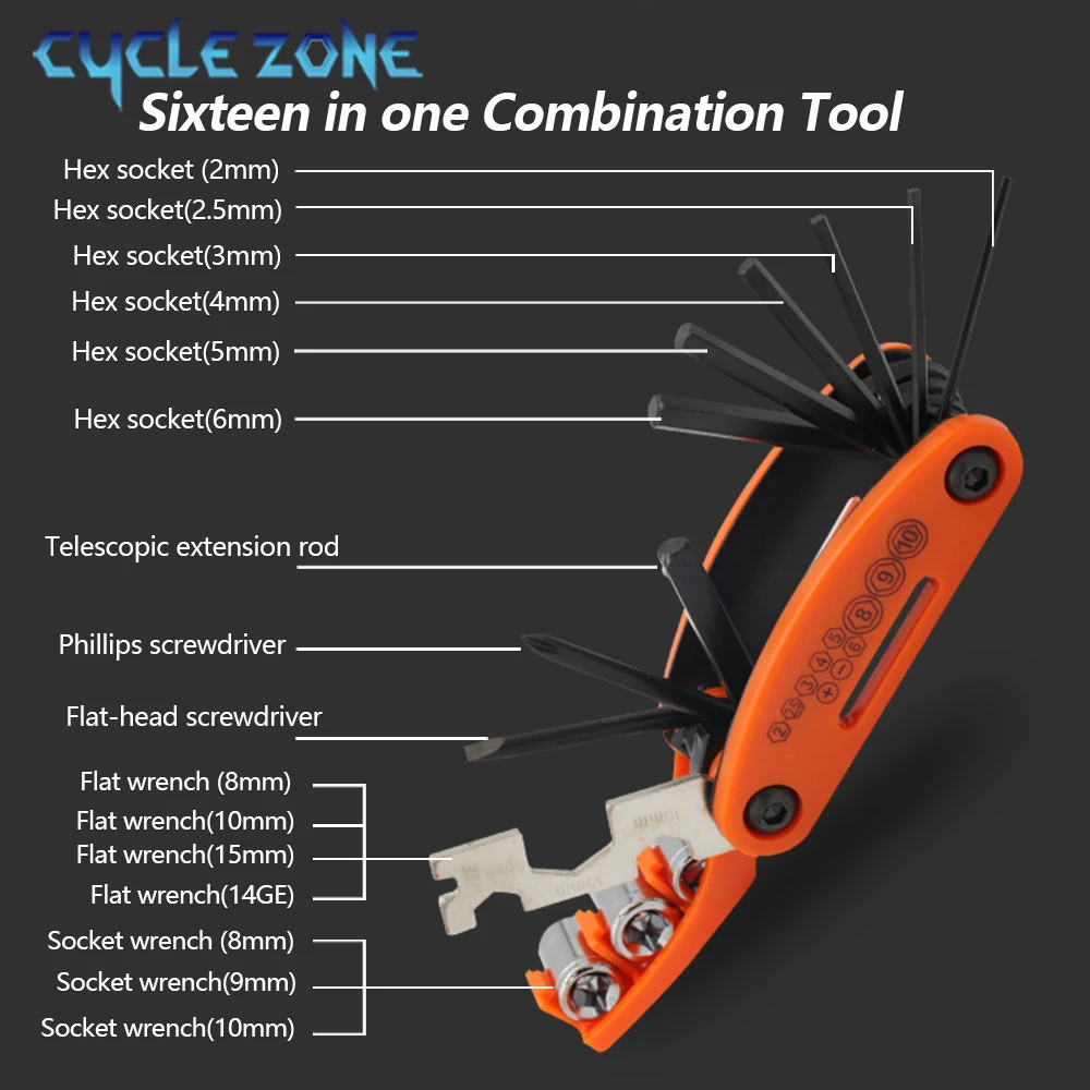 16 in 1 Bike Multipurpose Wrench Bike Multi Repair Tool Folding Allen Wrench Screwdriver Motorcycle Bicycle Maintenance Tools