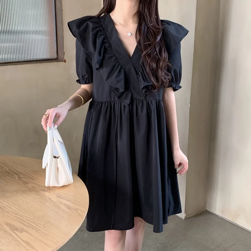 

M-4XL Large Size Empire Waist Dress Women Summer Temperament V-neck Puff Sleeve Ruffles Loose Draw String Oversize Dresses