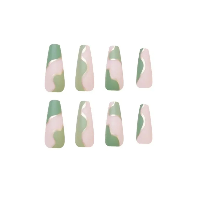 24pcs Long Ballerina False Nails French Fake Nails Art Panel Contrast Green Press on Nail Tips Removable All for Nail Extensions
