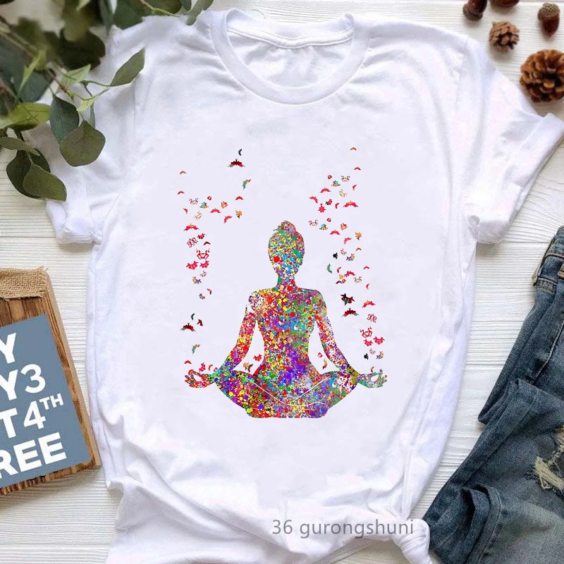 Newly Yoga Tree Print Tshirt Women Summer Fashion Short Sleeve T Shirt Women Buddha Chakra Meditation T-Shirt Female Wholesale