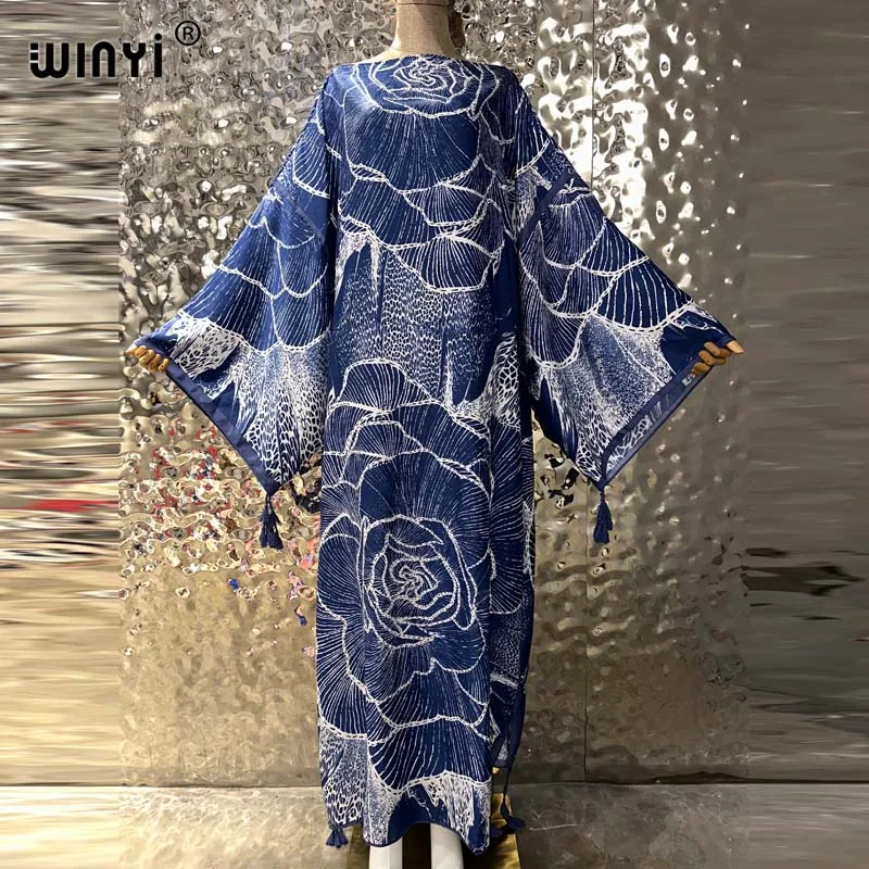 2023 WINYI summer Runway Designer Elegant holiday party Dress Women Long Sleeve fashion Print Middle East Female loose kaftan