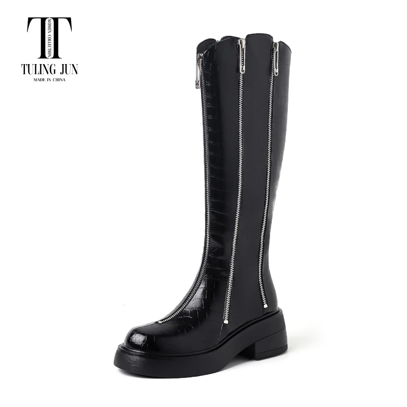 TULING JUN 2023 Winter Retro Woman Round Head Knee High Boots Solid Color High Heels Thick Bottom Shoes For Female T-MK9591