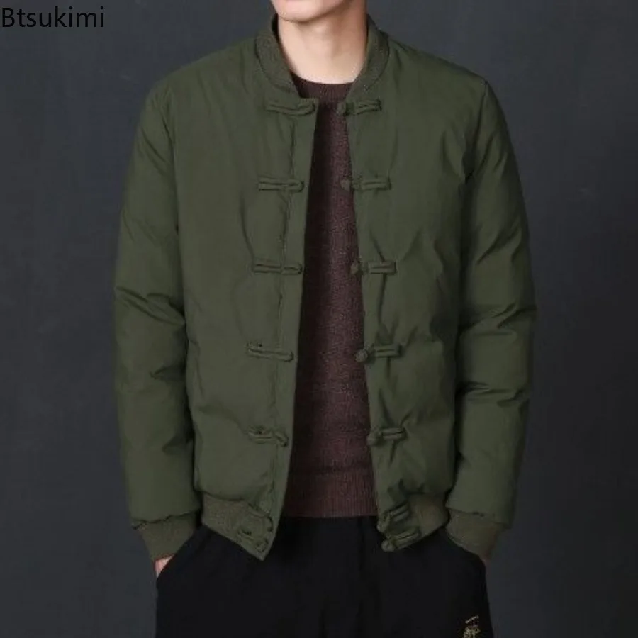 New 2025 Winter Men's Chinese Style Parkas Casual Retro Black Coat for Men Fashion Chinese Knot Buttons Vintage Cotton Clothes