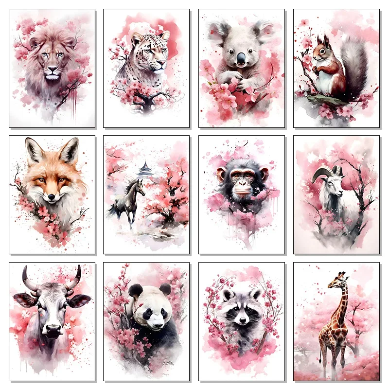 Watercolor Pink Flower Animal Poster Cow Tiger Lion Panda Deer Elephant Owl Canvas Painting Wall Art For Living Room Home Dec