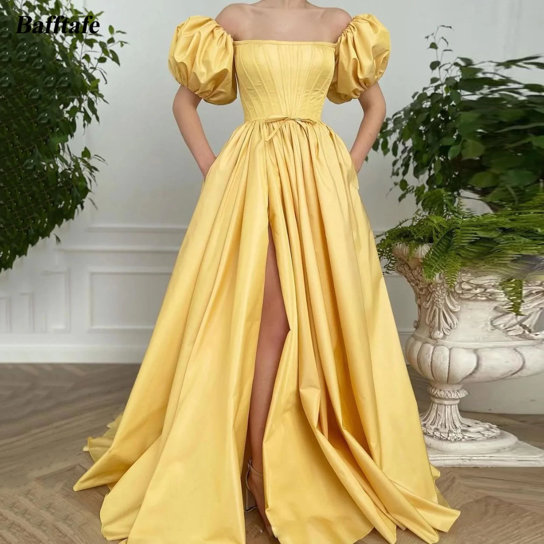 

Bafftafe Yellow A Line Satin Prom Dresses Short Sleeves Corset Back Formal Party Dress With Pockets Leg Slit Evening Gowns 2024