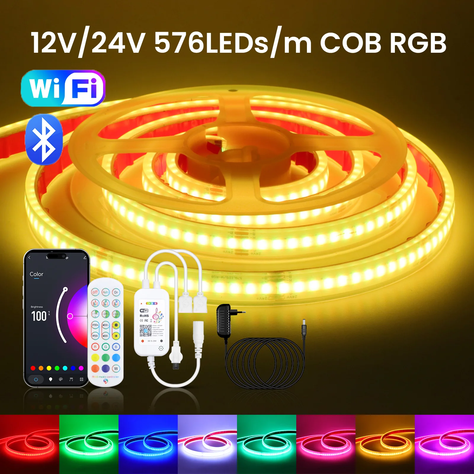 

12V 24V COB LED Strip WIFI Bluetooth RGB FOB LED Ribbon Tape IP68 Waterproof 576LEDs/m Flexible LED Lights for Garden Decoration