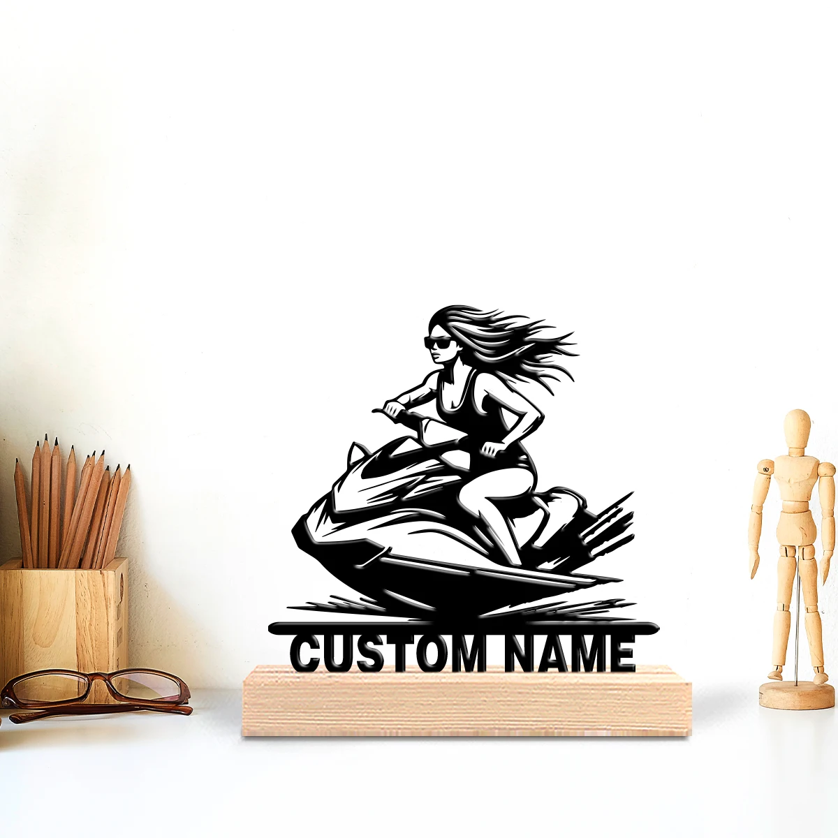 1pc Minimalist motor Custom Text Tin Statue Iron Ornament Iron Sculpture With Wood Base Art Crafts With Wood Base Home Table