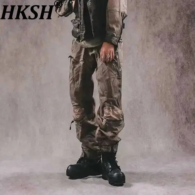 

HKSH Men's Tide Punk Waste Land Niche Design Double Layer Overalls Vintage Strap Multi Pocket Tactical Casual Cargo Pants HK0815