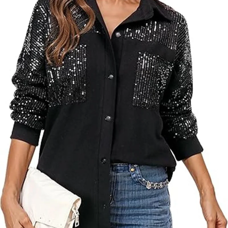 

2025 Spring Women's New Fashion Rhinestone Long-Sleeved Notch Lapel Elegant Two-Piece Casual Shirt